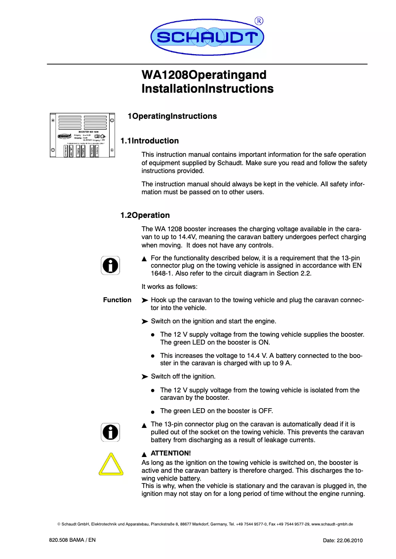 Página 1 del manual Manual de usuario Schaudt Booster WA 1208