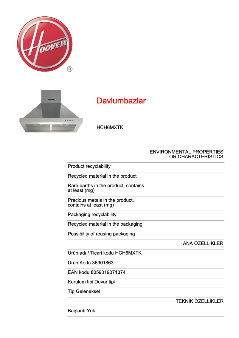 Página 1 del manual Ficha técnica Hoover HCH6MXTK