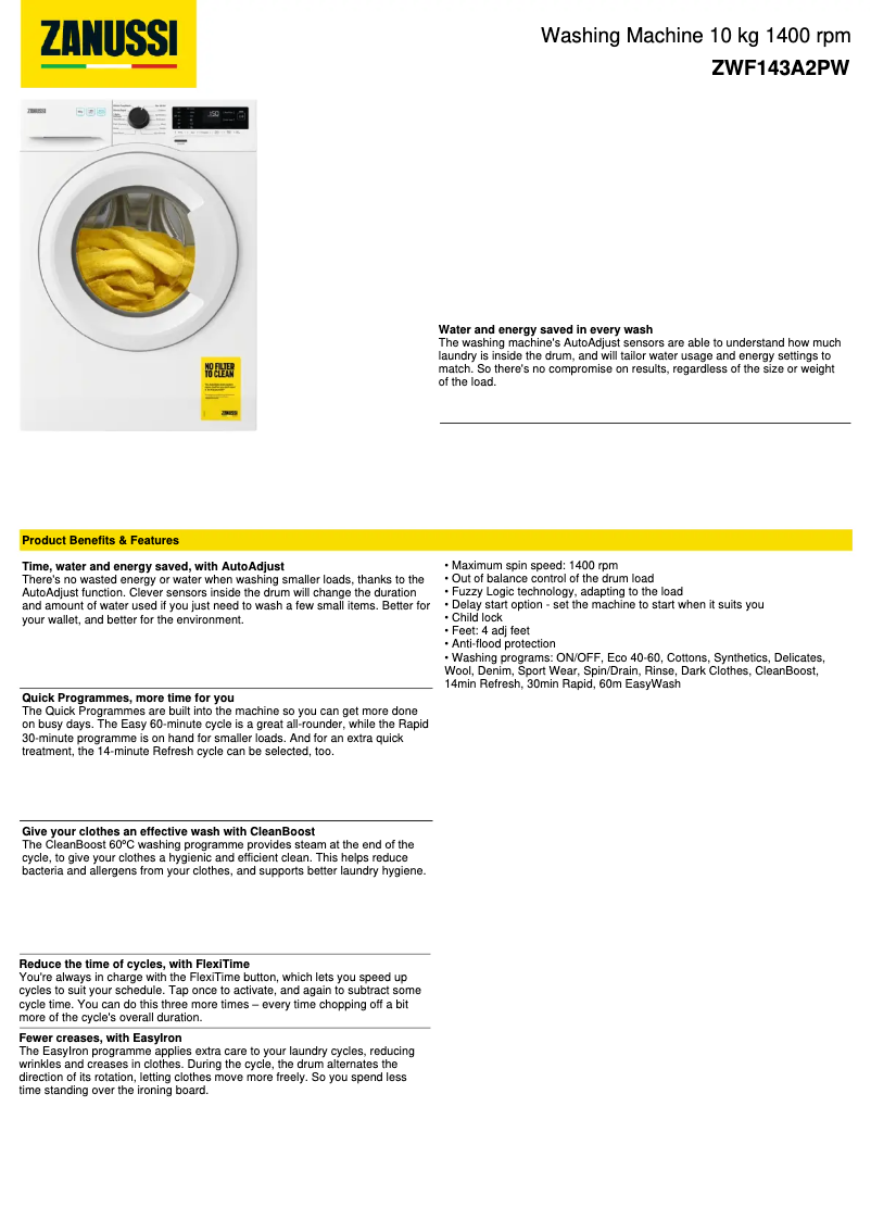 Imagen de la primera página del manual del dispositivo ZWF143A2PW