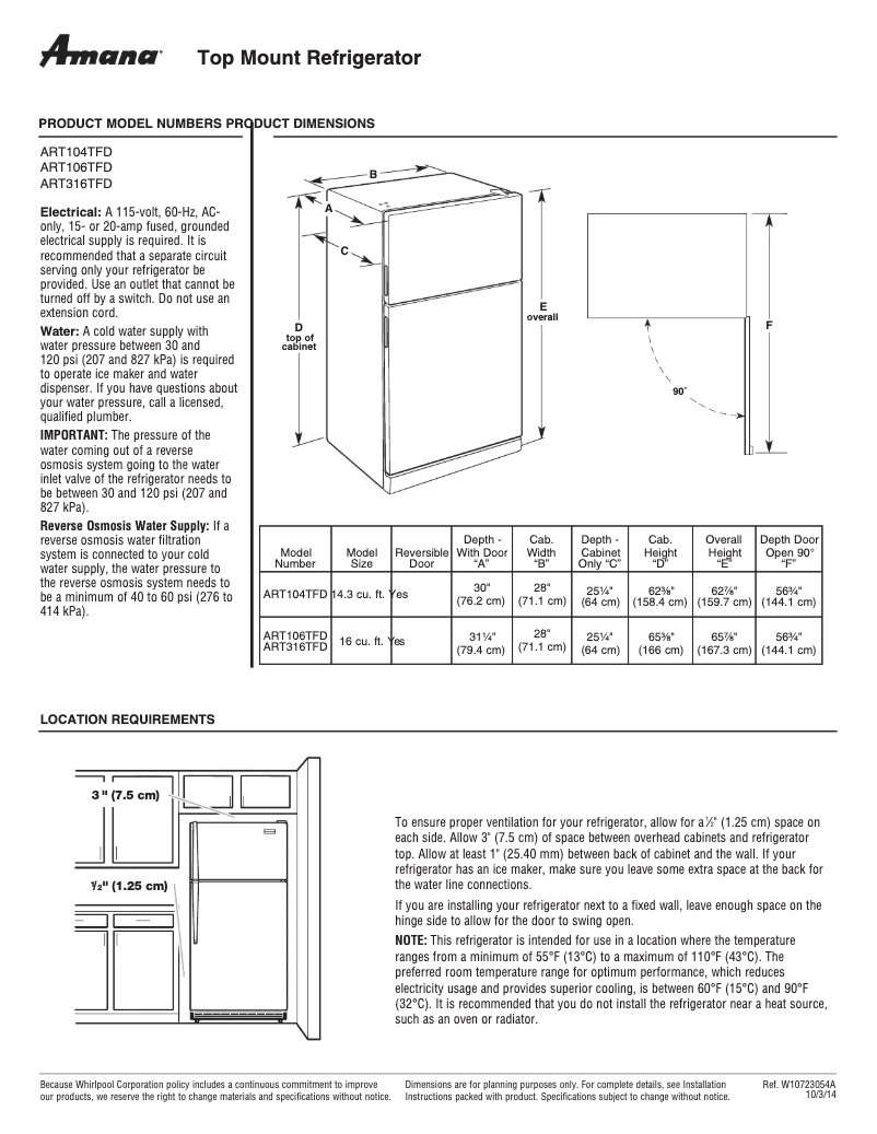 Página 1 del manual Ficha técnica Amana ART106TFD