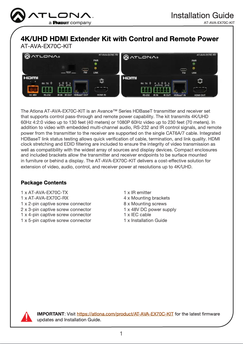 Imagen de la primera página del manual del dispositivo AT-AVA-EX70C-KIT