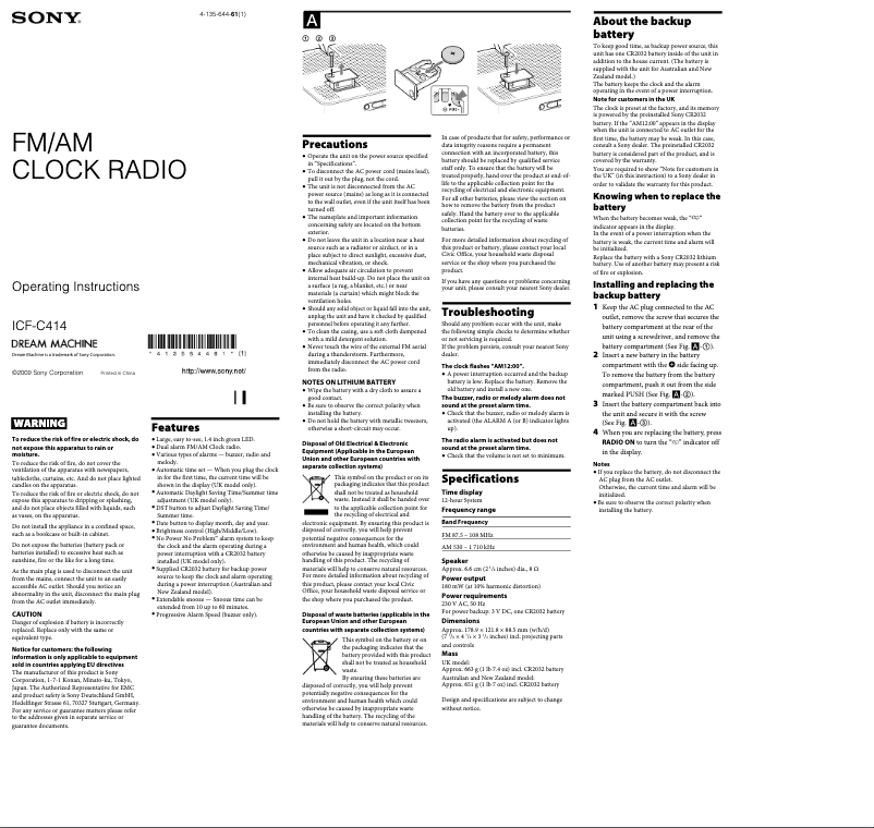 Imagen de la primera página del manual del dispositivo ICF-C414S