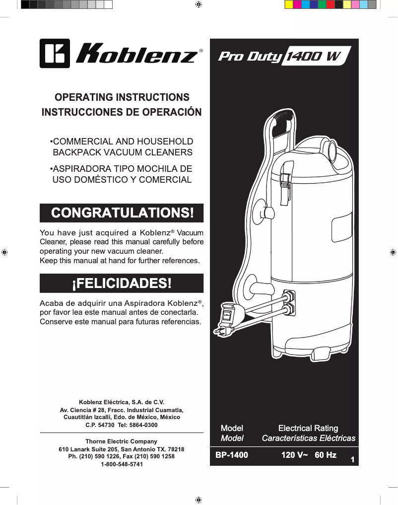 Página 1 del manual Manual de usuario Thorne Electric BP-1400
