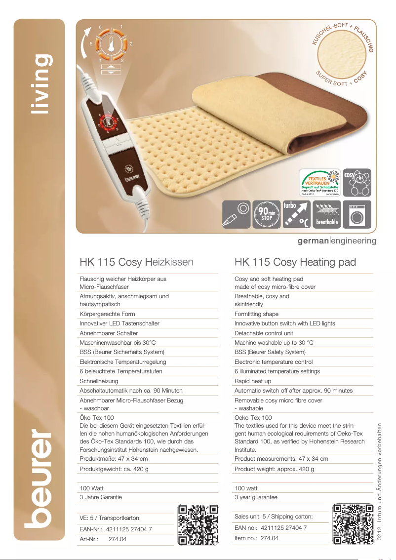 Página 1 del manual Ficha técnica Beurer HK 115