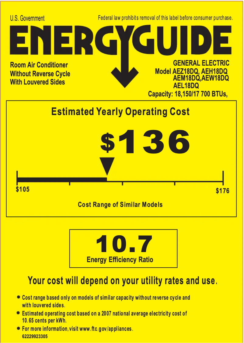 Página 1 del manual Etiqueta energética GE AEL18DQ
