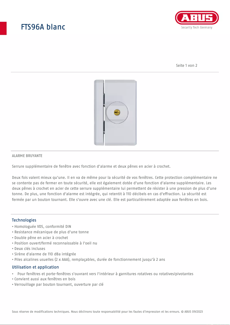 Página 1 del manual Ficha técnica Abus FTS96A