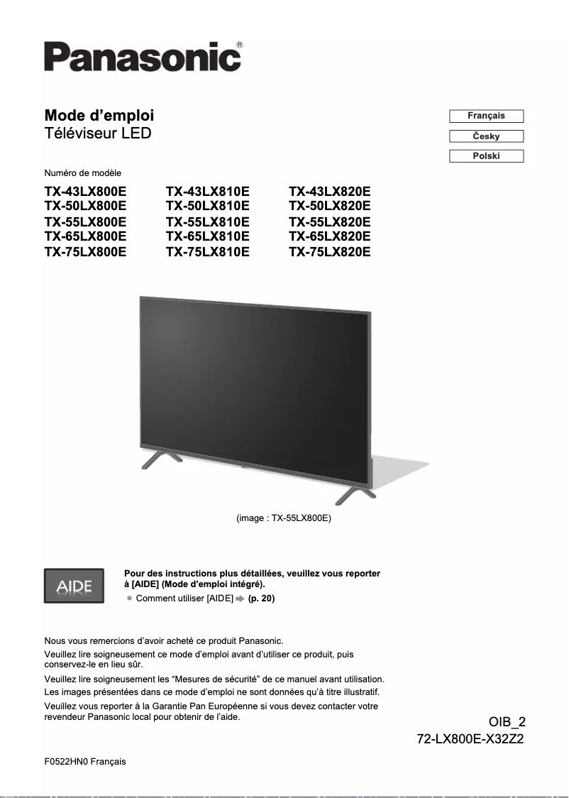 Imagen de la primera página del manual del dispositivo TX-65LX800E