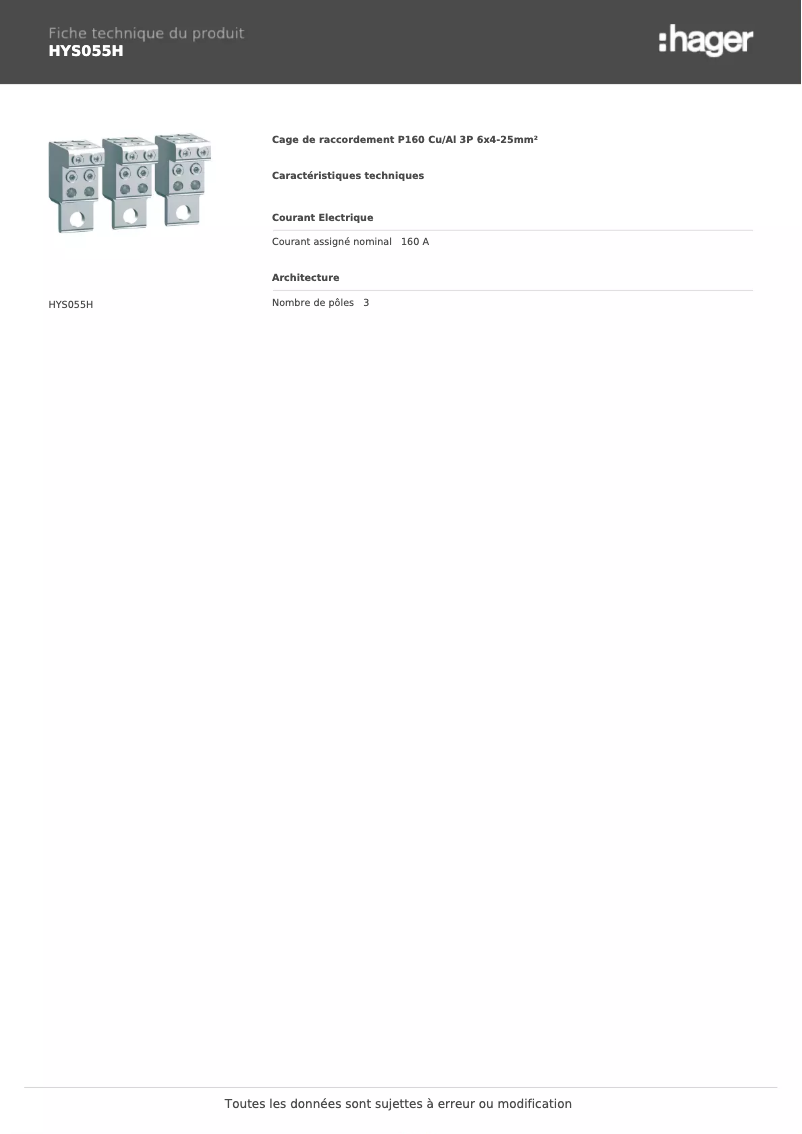 Página 1 del manual Ficha técnica Hager HYS055H