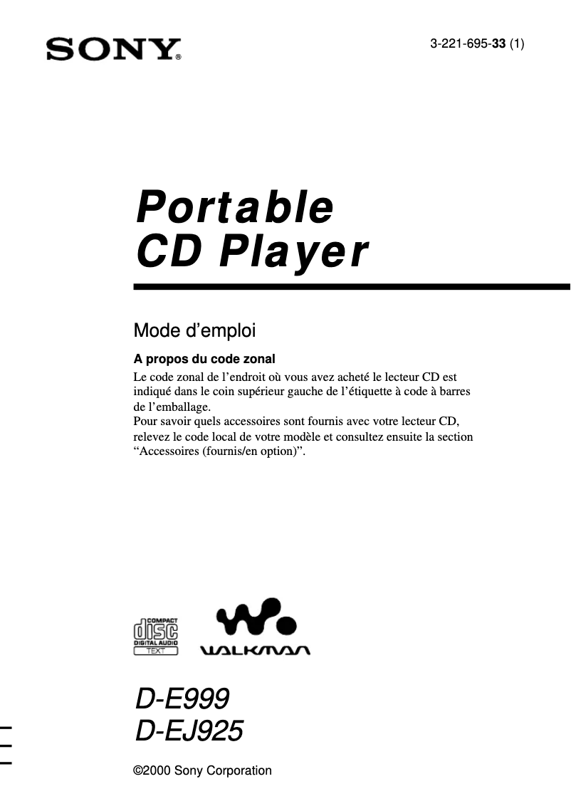 Imagen de la primera página del manual del dispositivo Walkman D-E999
