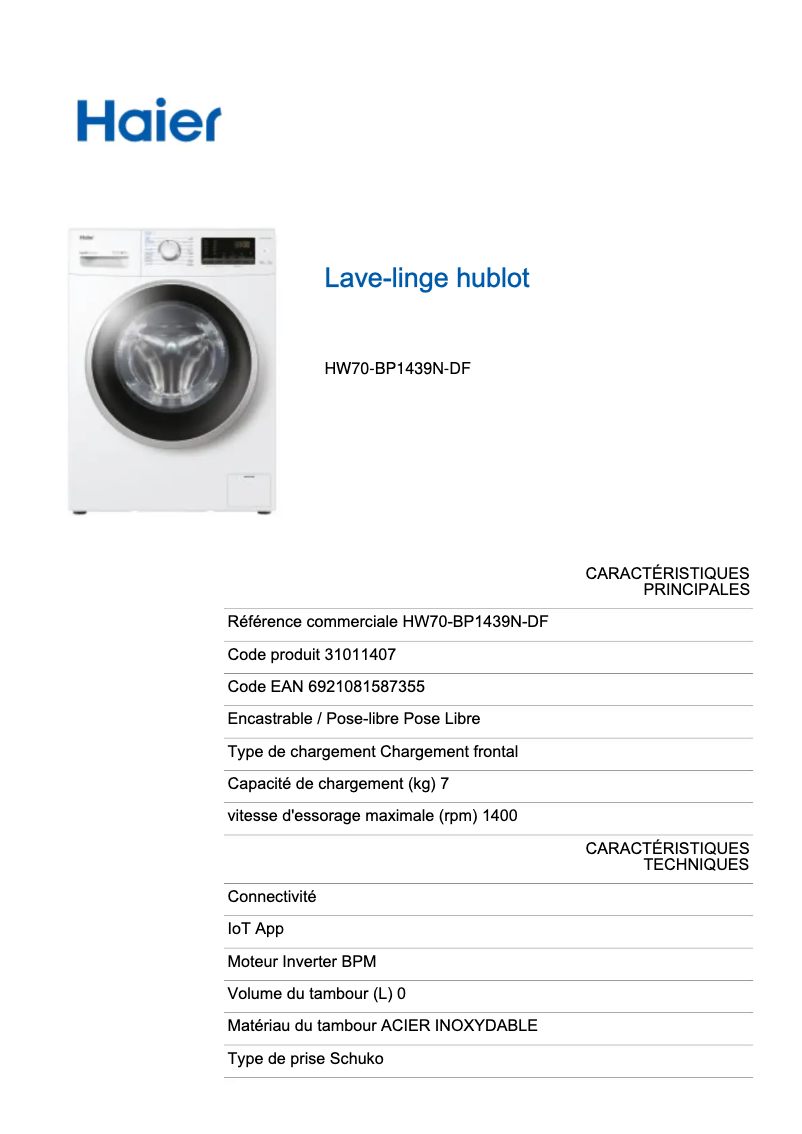 Página 1 del manual Etiqueta energética Haier HW70-BP1439N