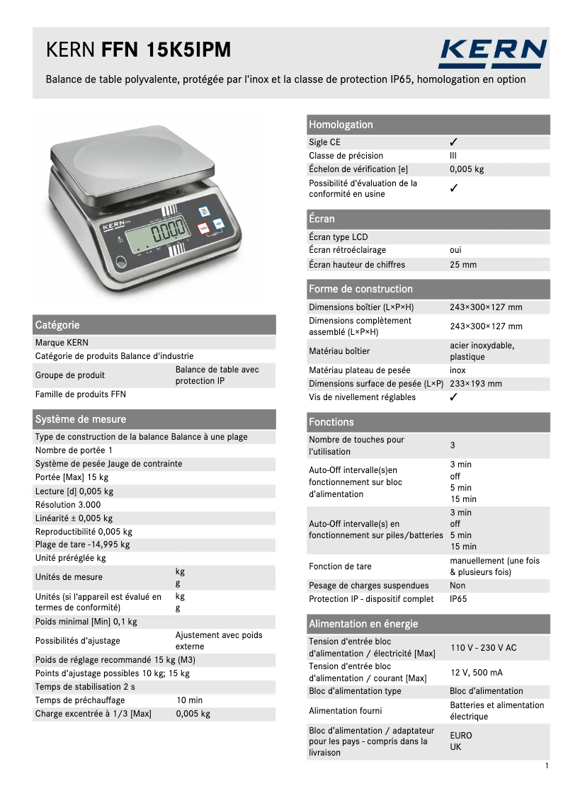 Página 1 del manual Ficha técnica Kern FFN 15K5IPM