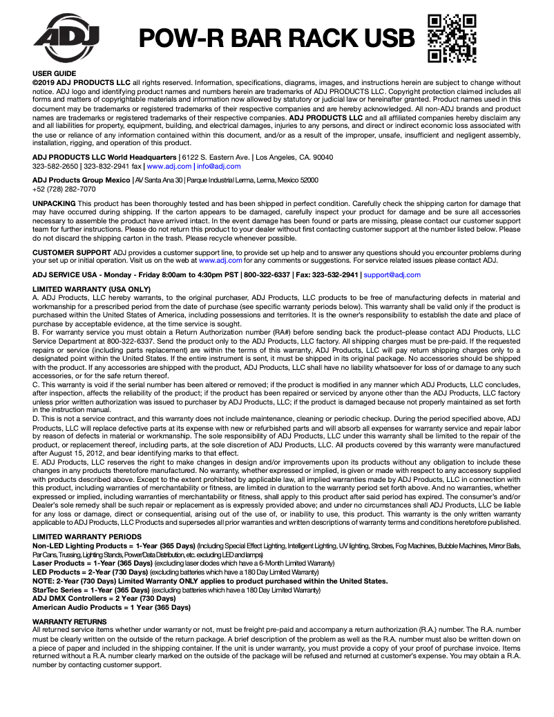 Imagen de la primera página del manual del dispositivo POW-R BAR RACK USB