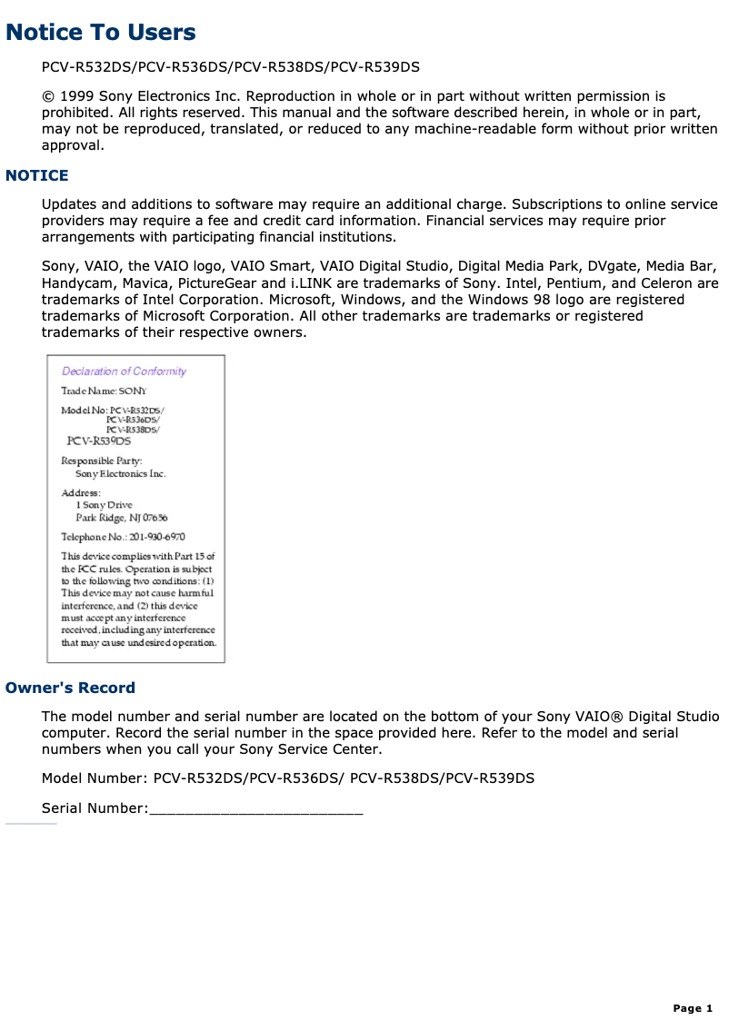 Imagen de la primera página del manual del dispositivo Vaio PCV-R539DS