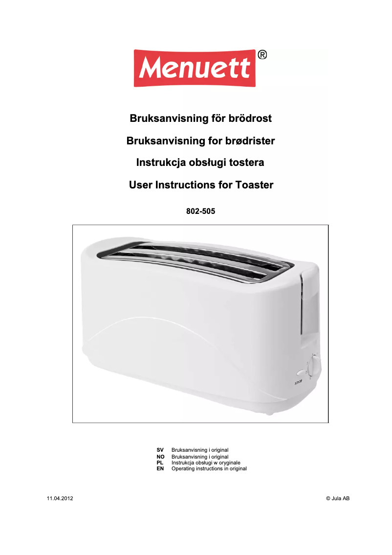 Página 1 del manual Manual de usuario Menuett 802-505