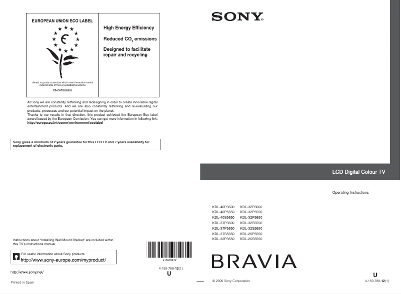 Imagen de la primera página del manual del dispositivo Bravia KDL-40P3600