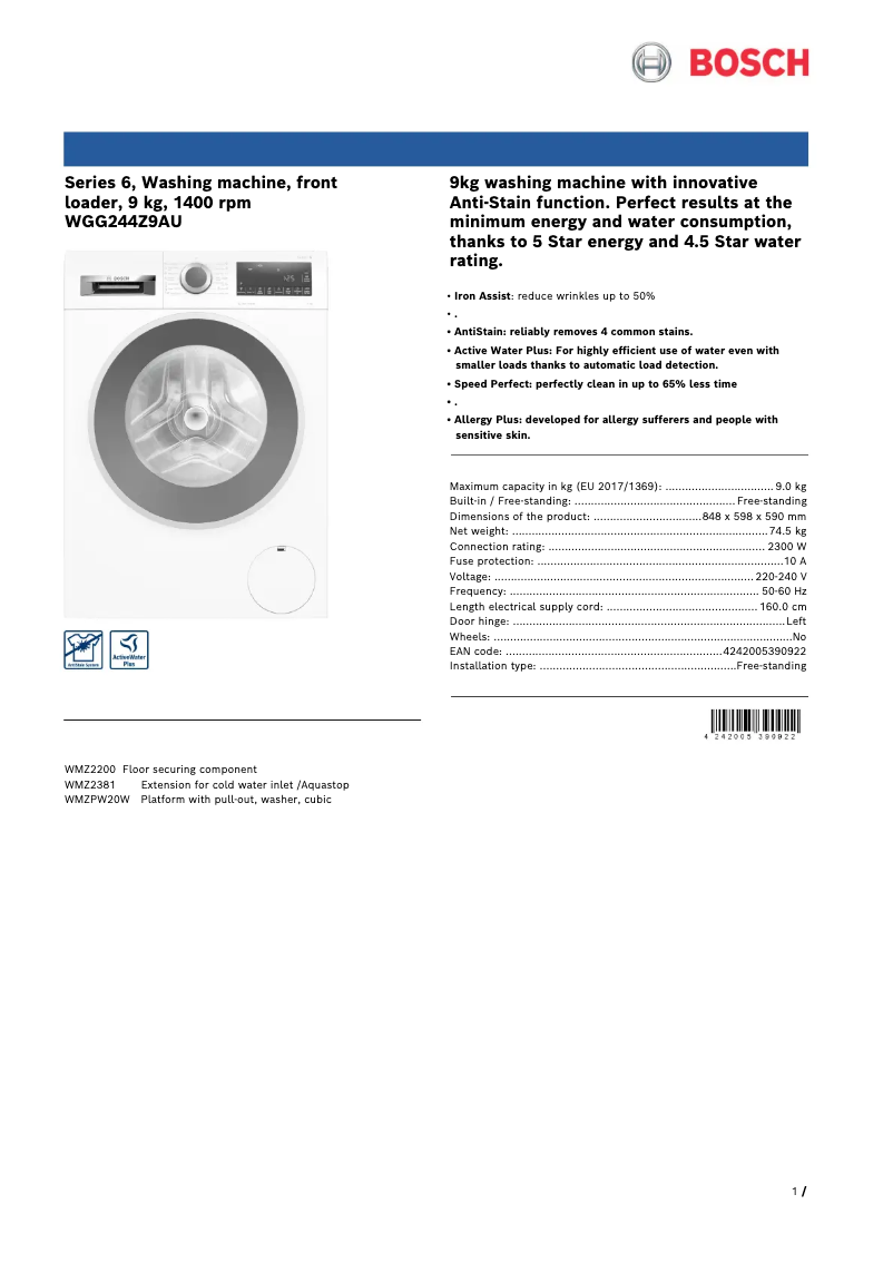 Página 1 del manual Ficha técnica Bosch WGG244Z9AU