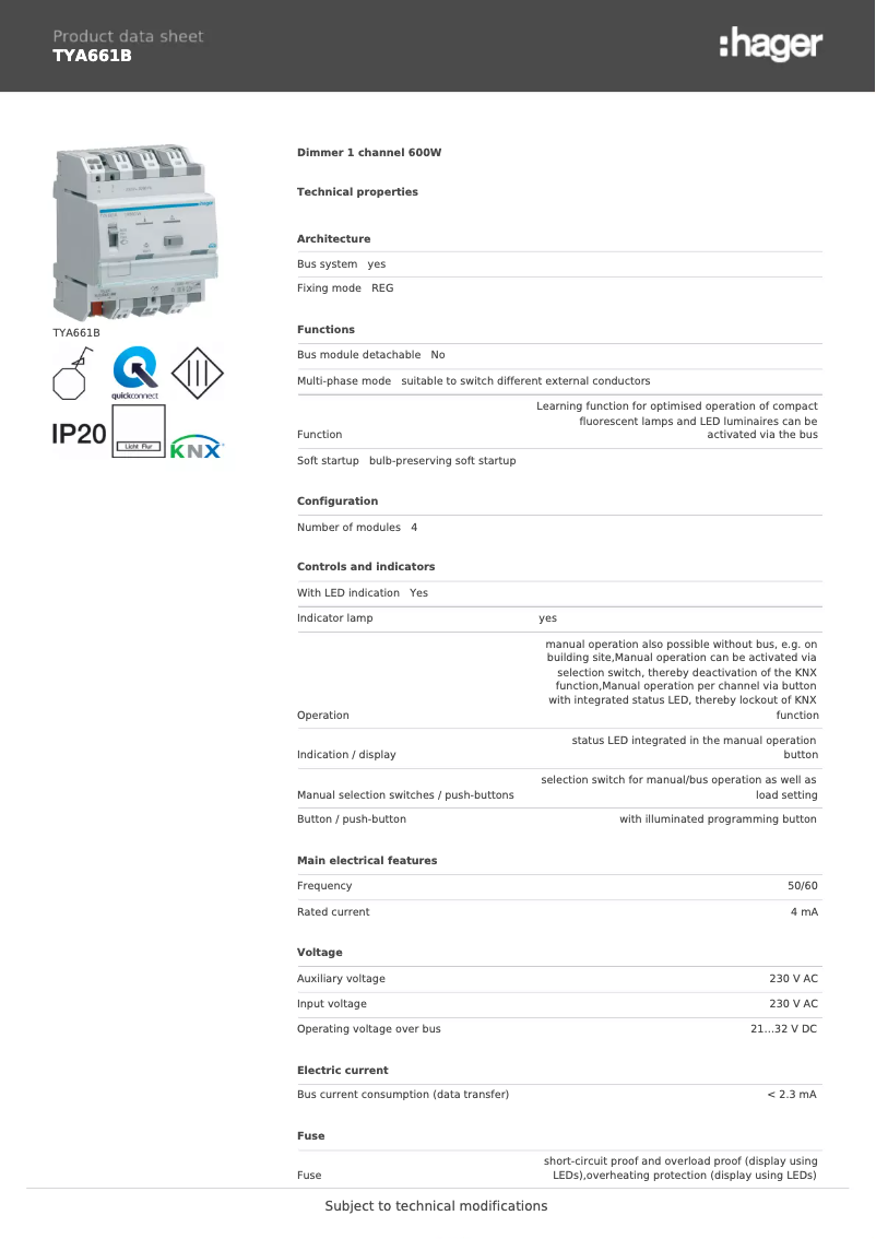 Página 1 del manual Ficha técnica Hager TYA661B