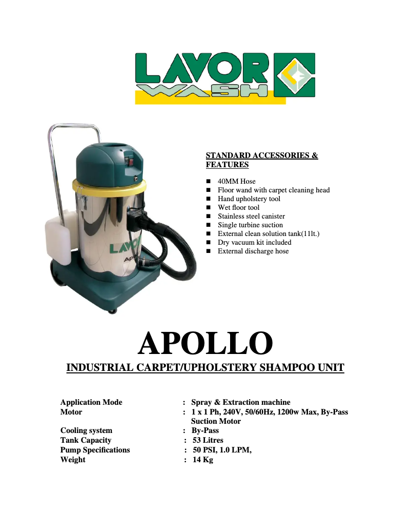 Página 1 del manual Ficha técnica Lavorwash Apollo