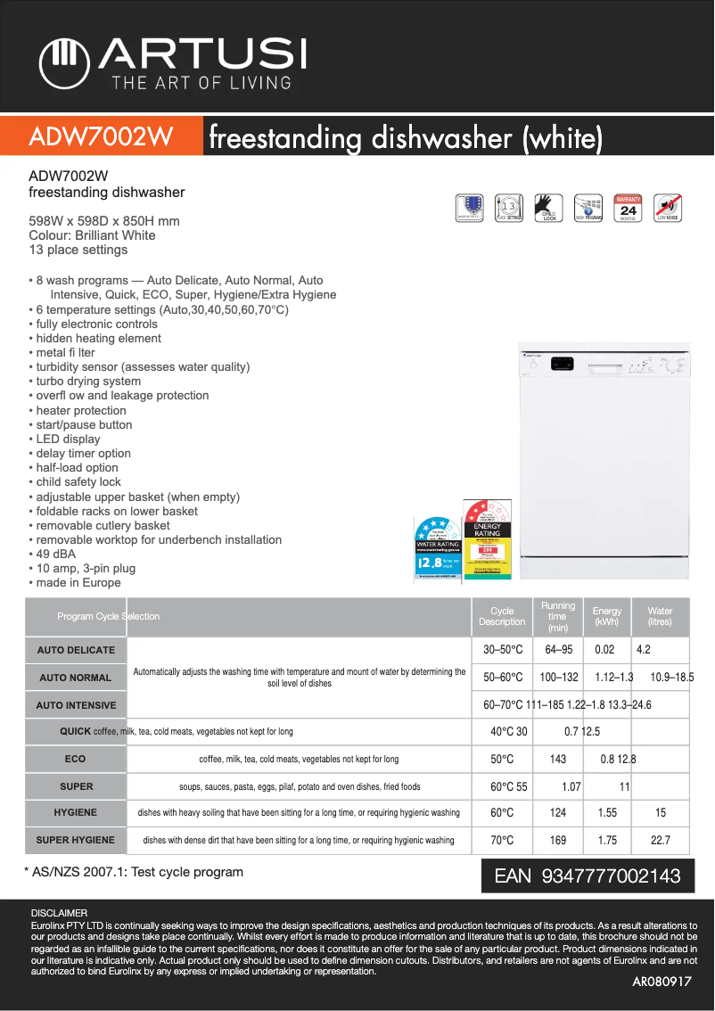 Página 1 del manual Ficha técnica Artusi ADW7002W