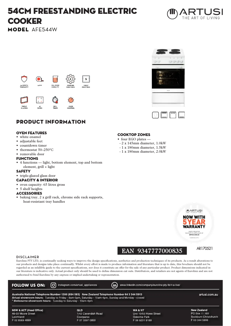 Página 1 del manual Ficha técnica Artusi AFE544W