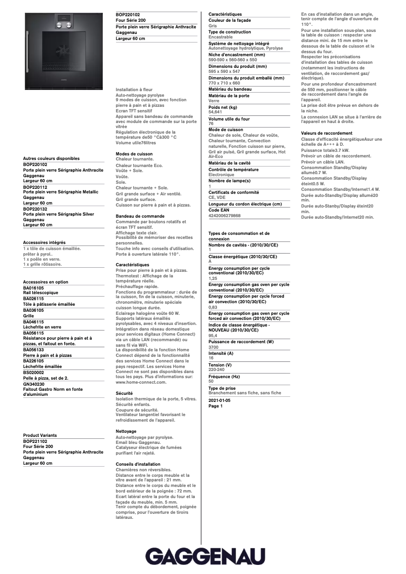 Página 1 del manual Ficha técnica Gaggenau BOP220102