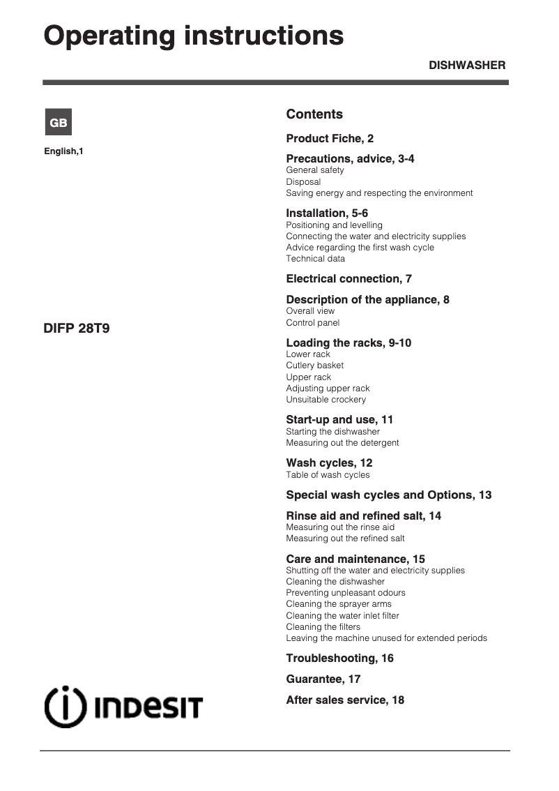 Página 1 del manual Manual de instrucciones Indesit DIFP 28T9 A UK