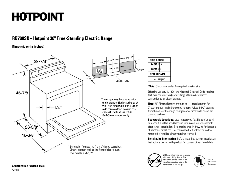 Página 1 del manual Ficha técnica Hotpoint RB790SPSA