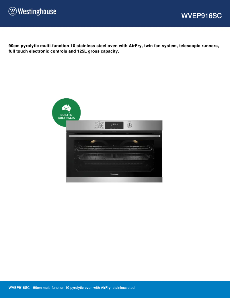 Página 1 del manual Ficha técnica Westinghouse WVEP916SC