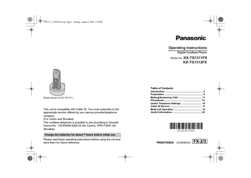 Imagen de la primera página del manual del dispositivo KX-TG1312FX