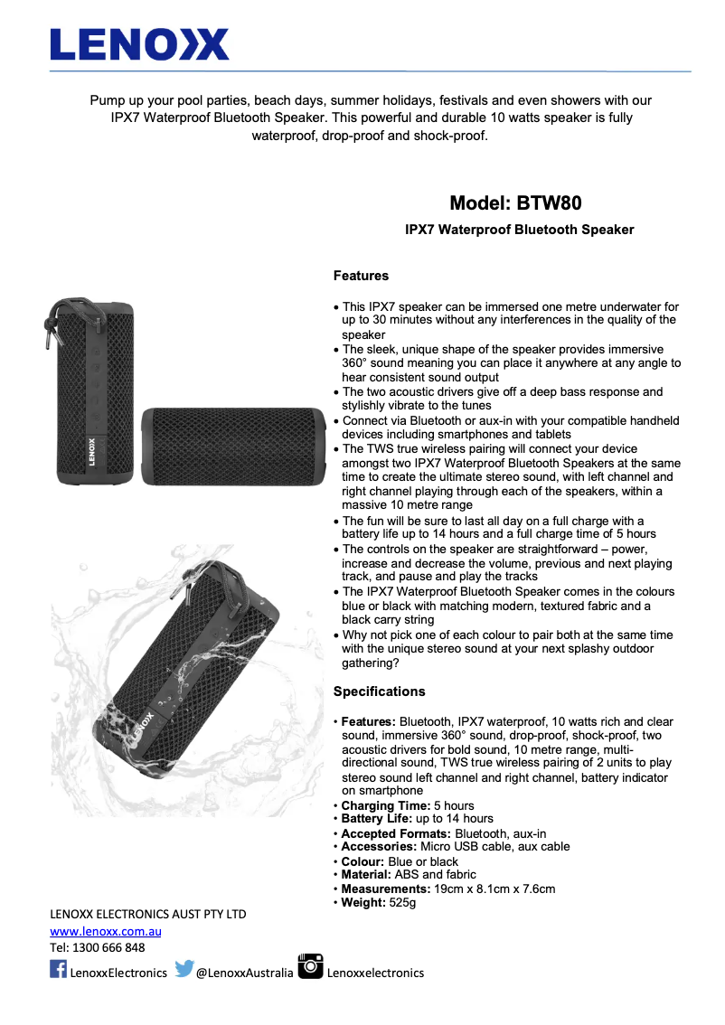 Página nº 1 - Ficha técnica Lenoxx BTW80