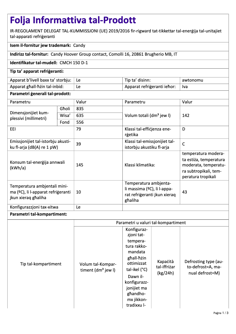 Imagen de la primera página del manual del dispositivo CMCH 150 D-1
