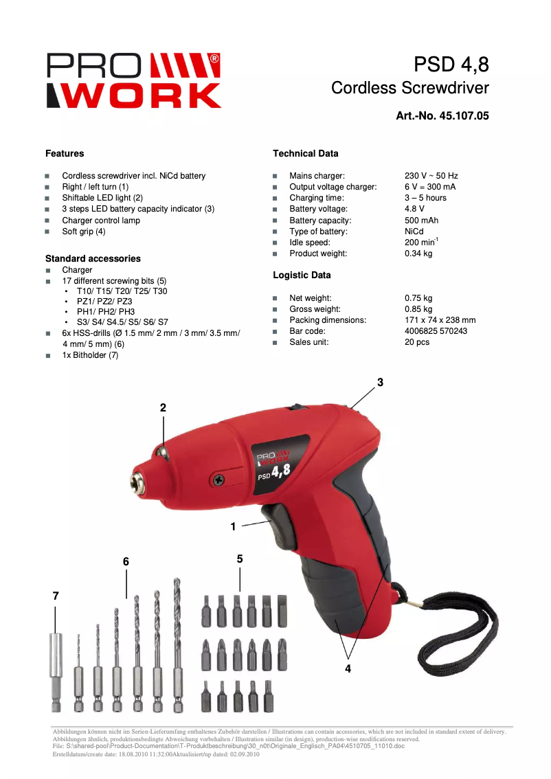 Página 1 del manual Manual de usuario Prowork PSD 4,8