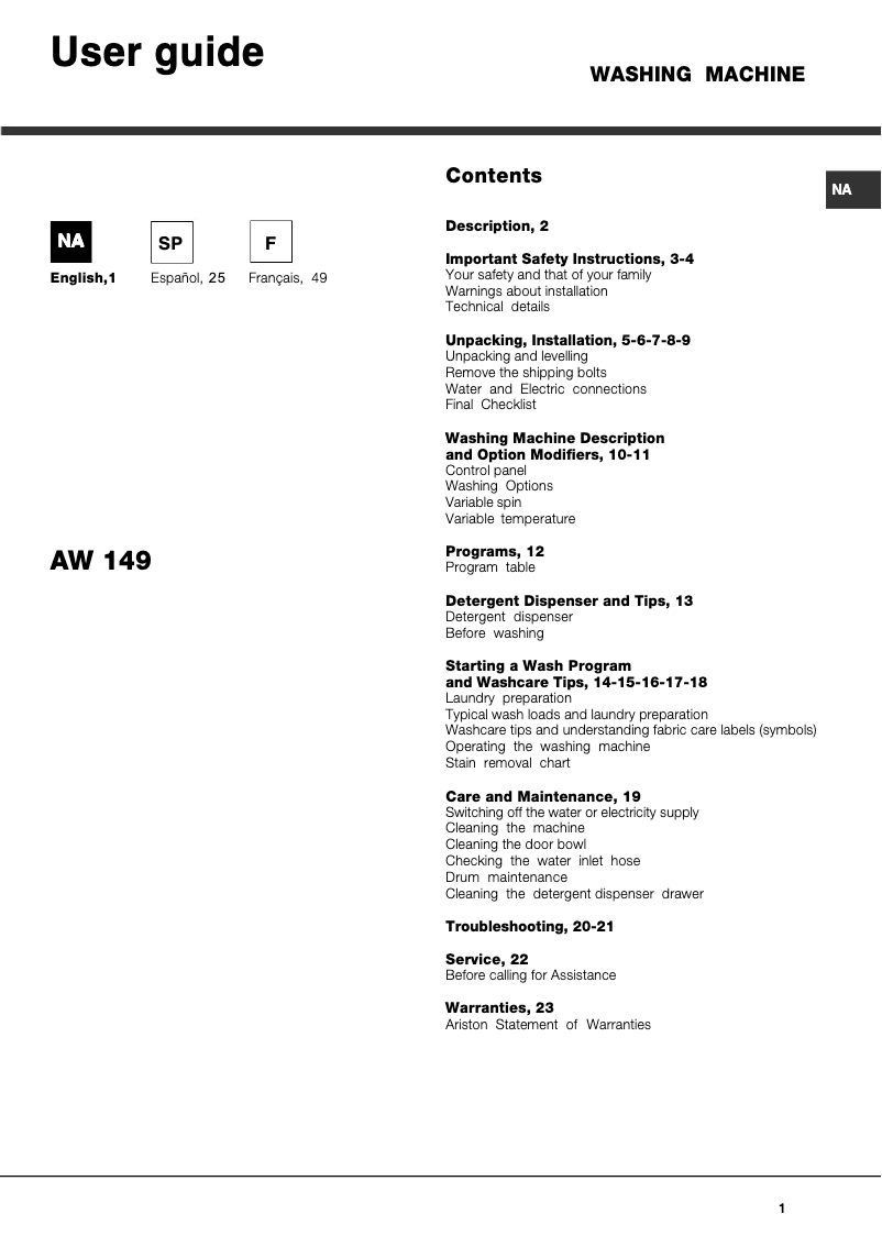 Imagen de la primera página del manual del dispositivo AW149