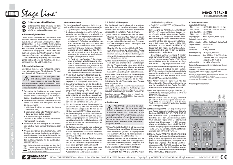 Imagen de la primera página del manual del dispositivo MMX-11 USB