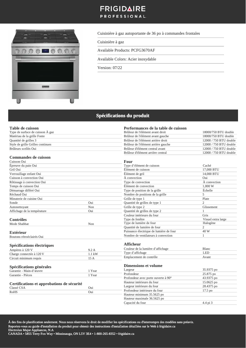 Página 1 del manual Ficha técnica Frigidaire PCFG3670AF