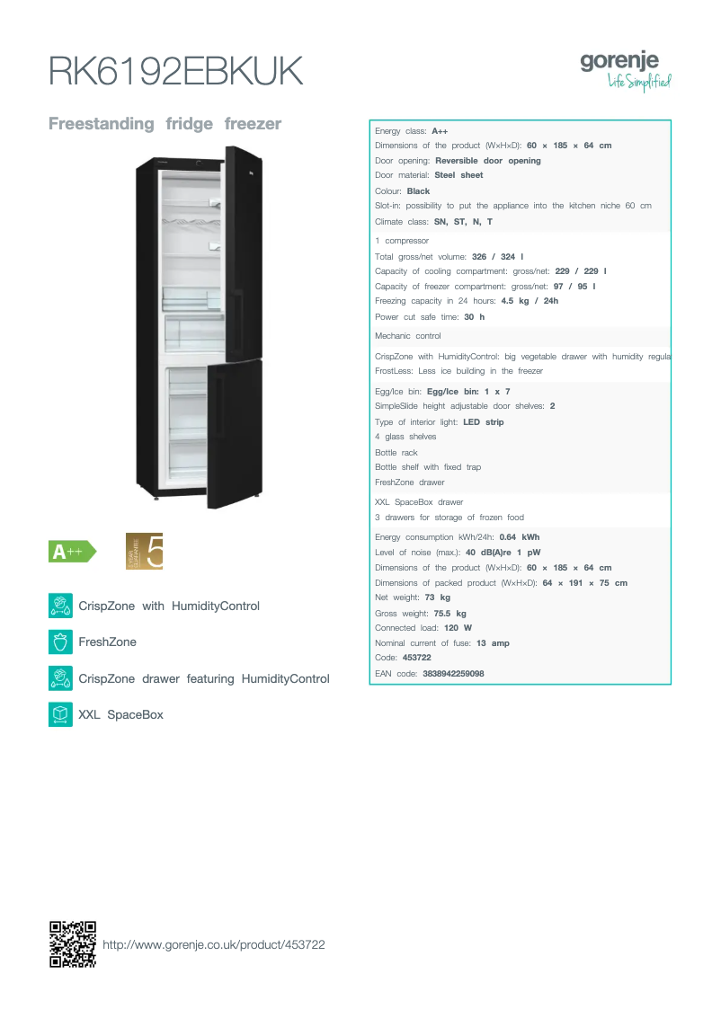 Página 1 del manual Ficha técnica Gorenje RK6192EBK