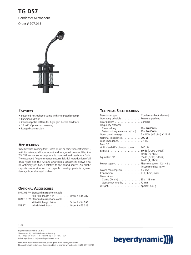 Página 1 del manual Ficha técnica Beyerdynamic TG D57