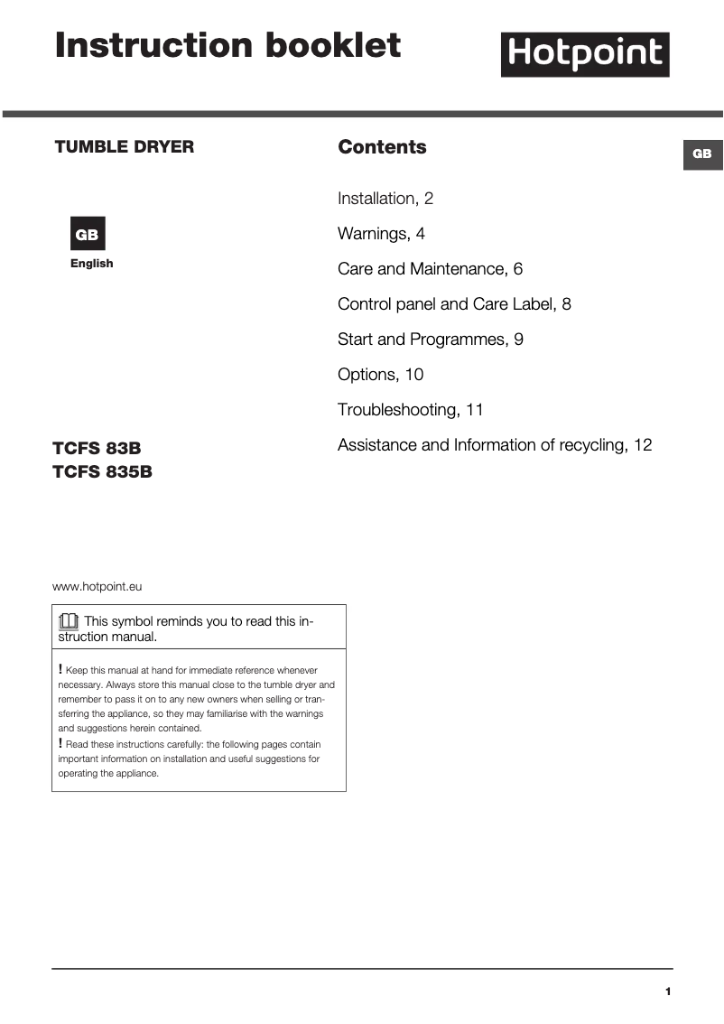Imagen de la primera página del manual del dispositivo TCFS 83B GG.9 (UK)