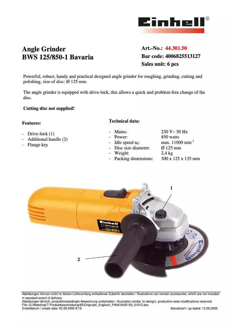 Página 1 del manual Manual de usuario Bavaria by Einhell BWS 125/850-1