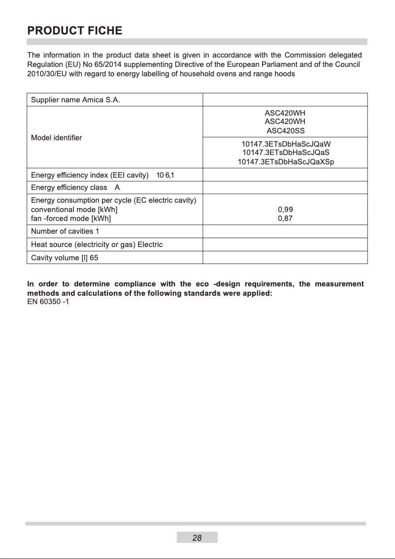 Página nº 1 - Ficha técnica Amica ASC420WH