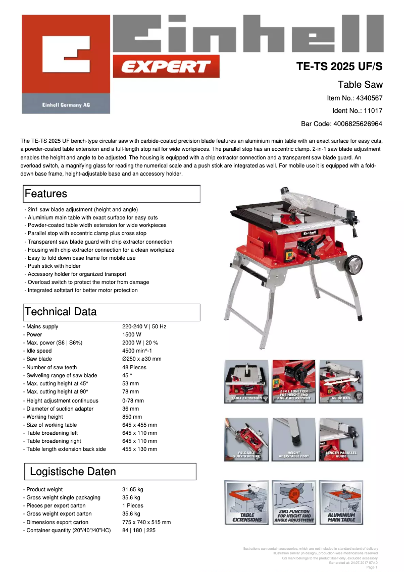 Página 1 del manual Ficha técnica Einhell TE-TS 2025 UF/S