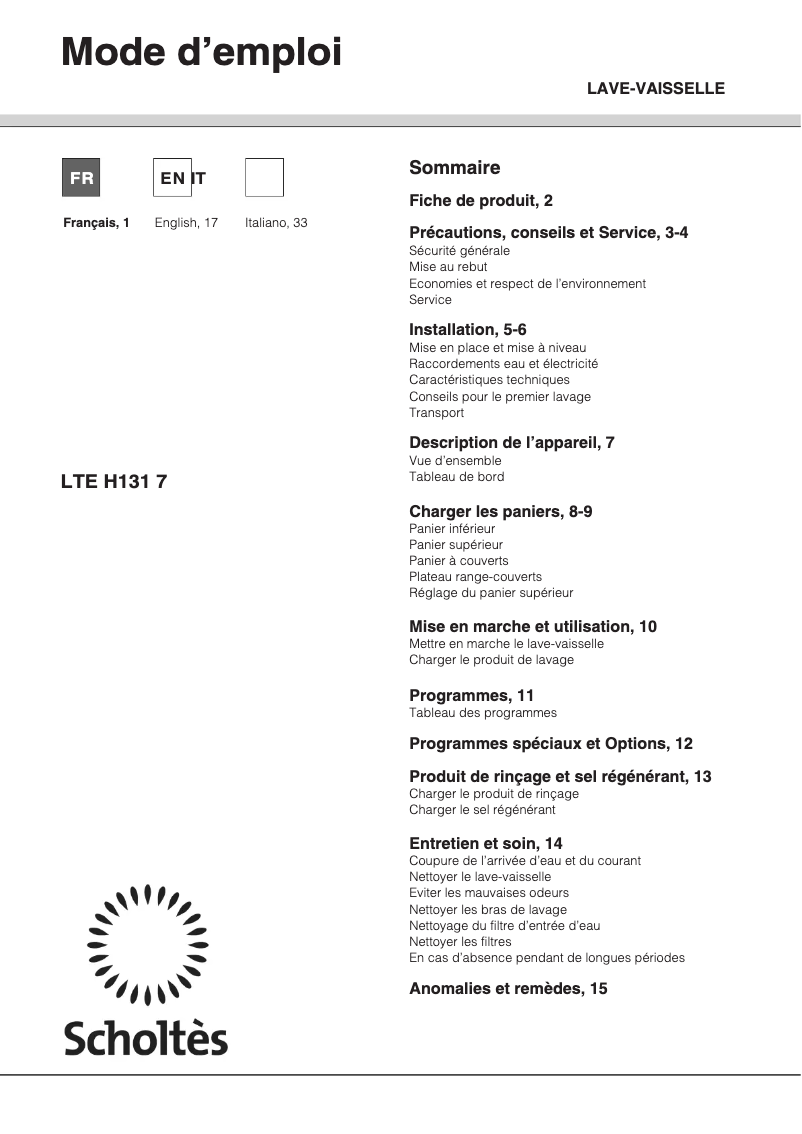 Página 1 del manual Manual de usuario Scholtès LTE H131 7