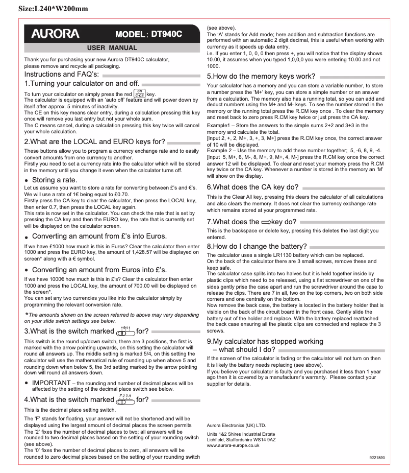 Página nº 1 - Manual de usuario Aurora DT940C