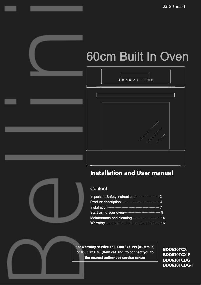 Imagen de la primera página del manual del dispositivo BDO610TCX-F