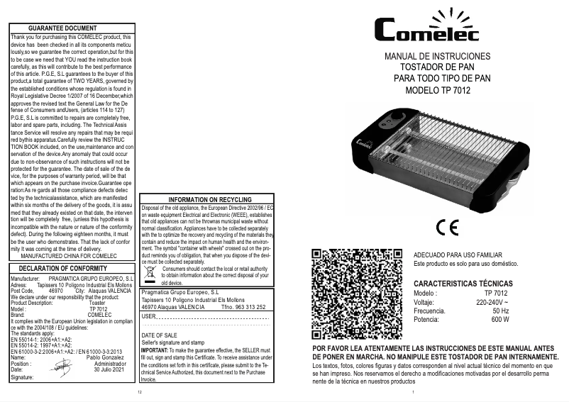 Página 1 del manual Manual de usuario Comelec TP 7012
