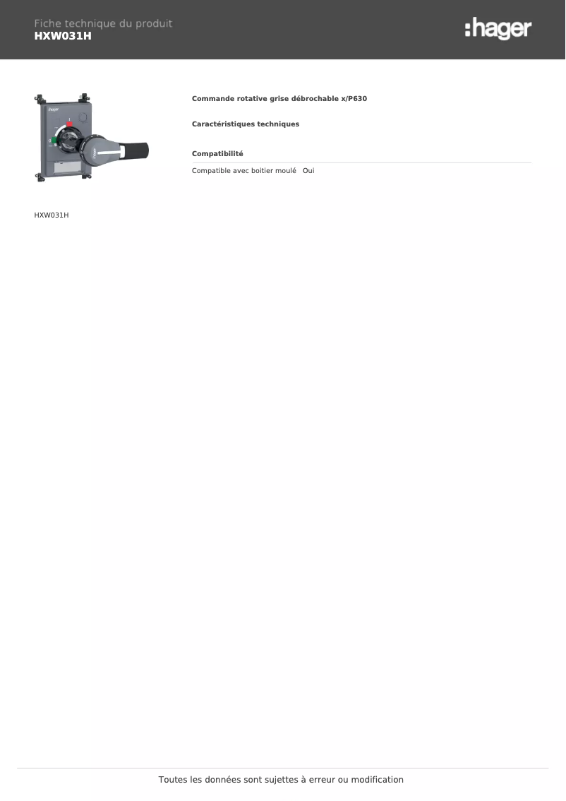 Página 1 del manual Ficha técnica Hager HXW031H