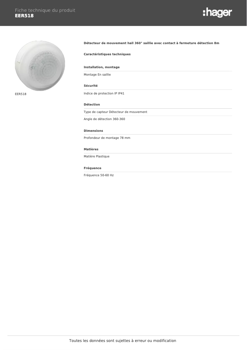 Página 1 del manual Ficha técnica Hager EER518