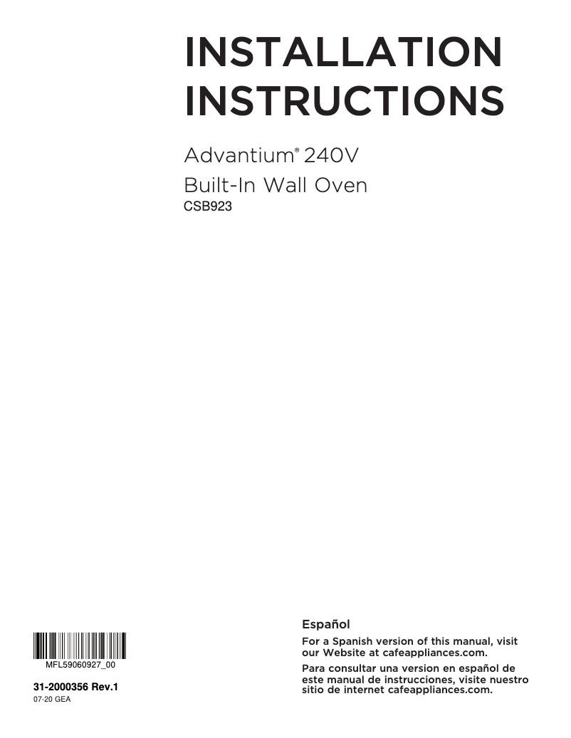 Página 1 del manual Guía de instalación GE Café CSB923P3ND1