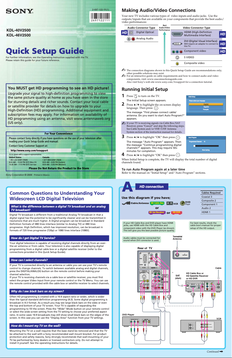 Página 1 del manual Guía de instalación Sony Bravia KDL-46V2500