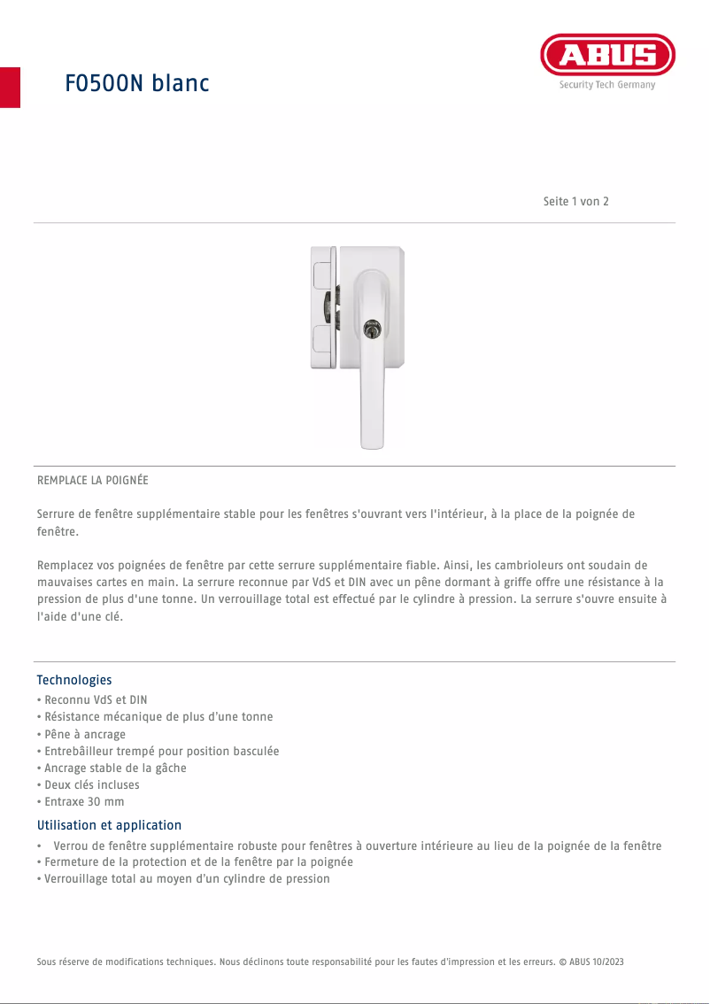 Página 1 del manual Ficha técnica Abus FO500N